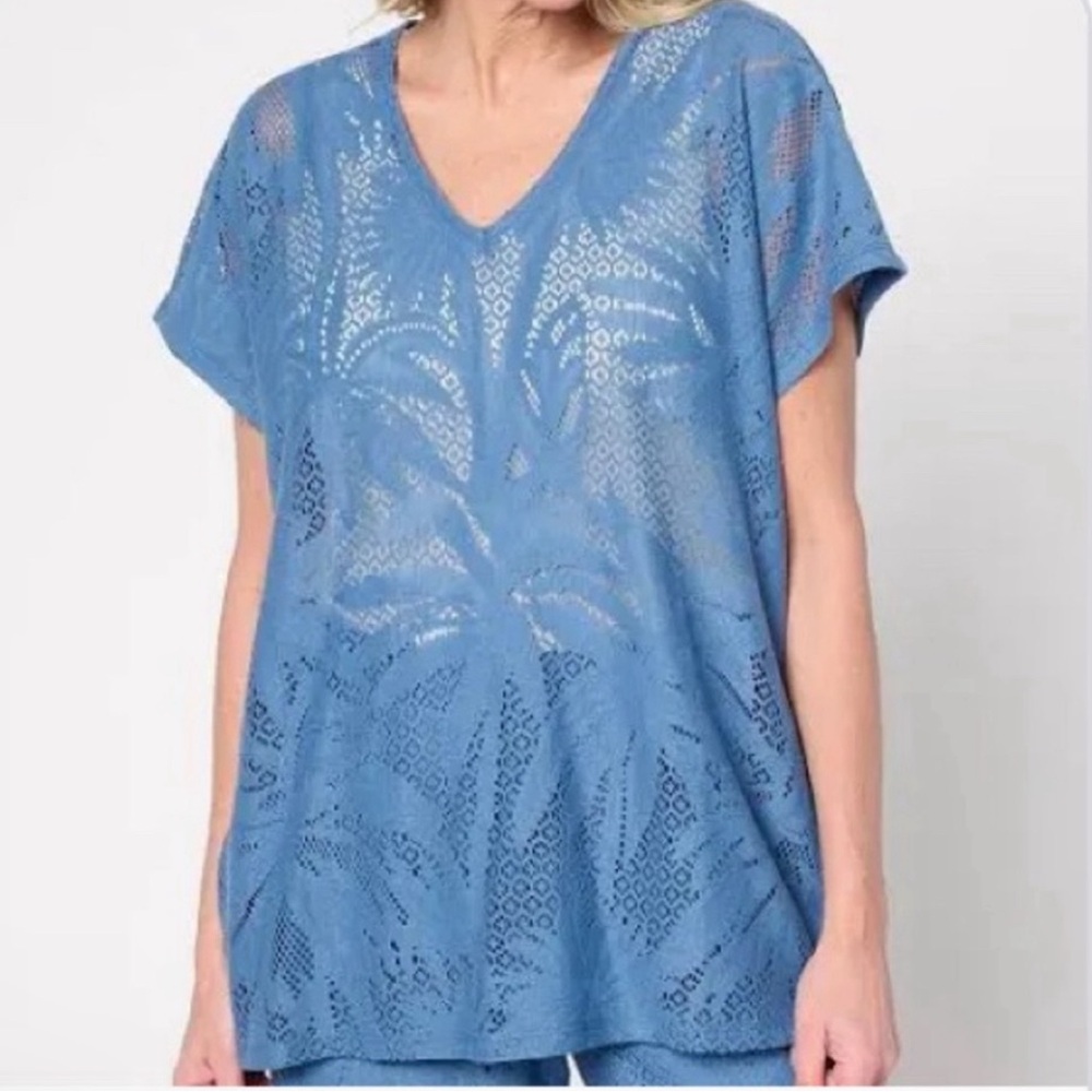 NWOT Susan Graver Soleil Lace Knit Tunic 4X & WideLeg Crop Pant 4XP Blue Indigo